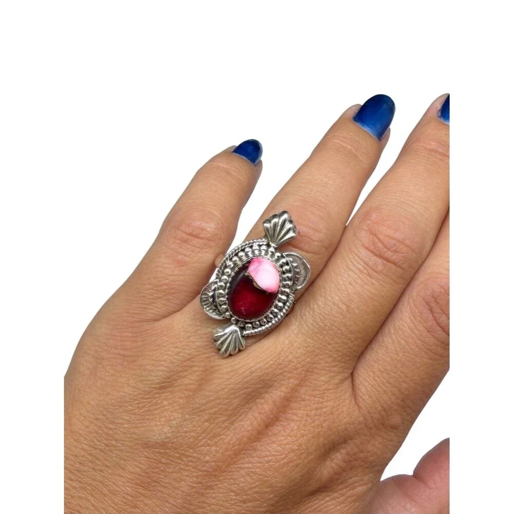 Kingman Red Rose Dahlia Turquoise Ring Adjustable Size 7 - 9 925 Sterling Silver